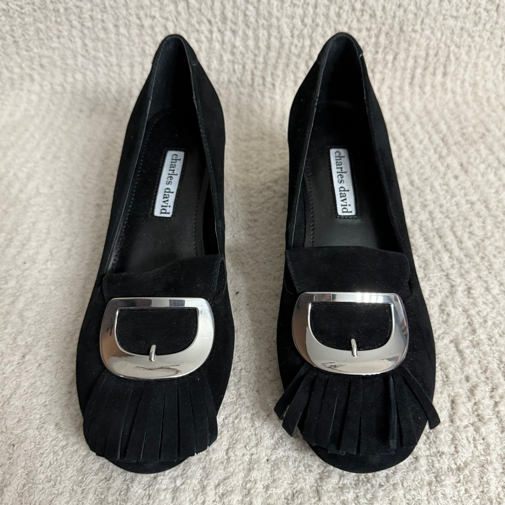 Charles David Size 7M Black Suede Loafer Heels Silver Buckle Fringe Size 7M‎